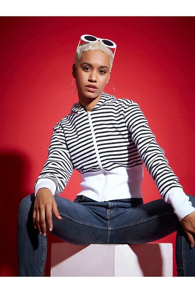 Sassafras By Styli Striped Fleece Hooded Jacket with Contrast Hem