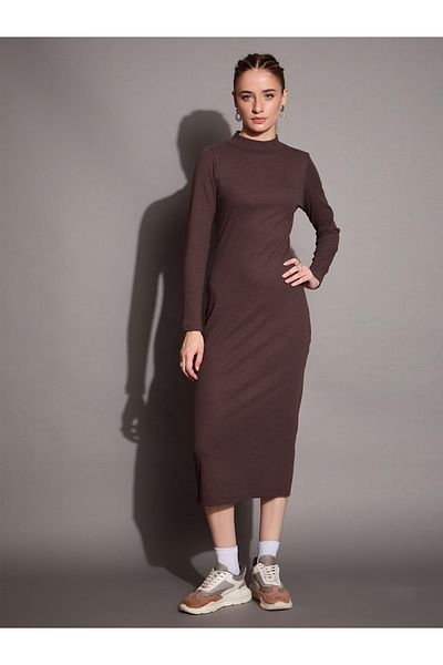 Sassafras By Styli Ribbed Bodycon Midi Dress with Back Slit