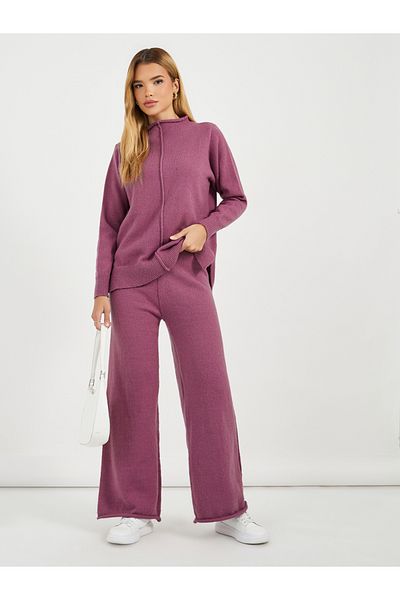 Styli Solid Crew Neck Knit Sweater & Wide Leg Pants Co-Ord Set