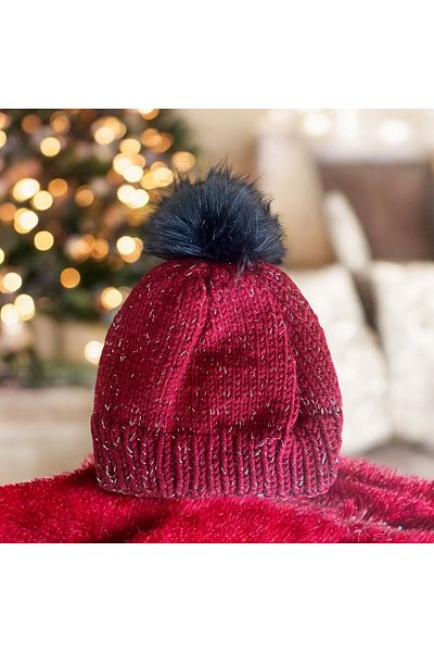 Baykuşca Silver Glitter Burgundy Beret, Hand Knitted Wool Beret