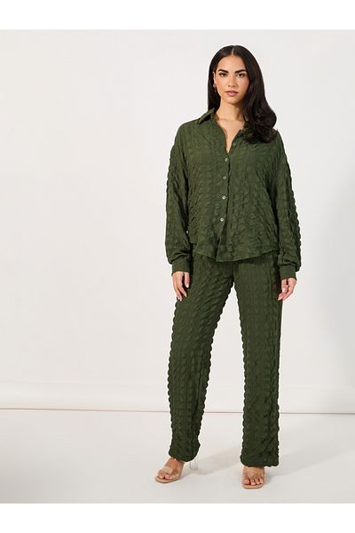 Styli Texture Oversized Shirt & Wide Leg Pants Co-Ord Set