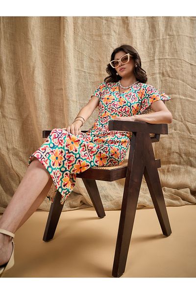 Sassafras By Styli All Over Print V Neck Sheath Midi Dress
