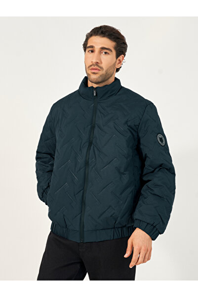 Styli Chevron Quilted Puffer Jacket with Faux Fur Lining & Badge Detail