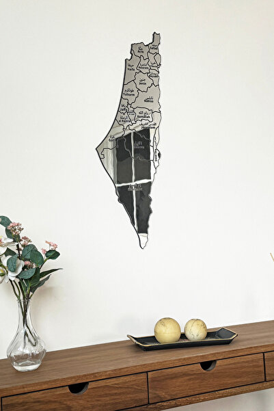 Colorfull Worlds Gray Acrylic Palestine Map on Wood 90X32 cm - Multi - Islamic Wall Art Home Office Mosque Decor