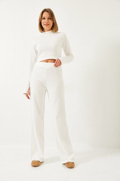 Bianco Lucci Damen-Set mit Fingern, elastischem Bund, Palazzo-Hose, geripptem Oberteil und Unterteil 0206 60261177