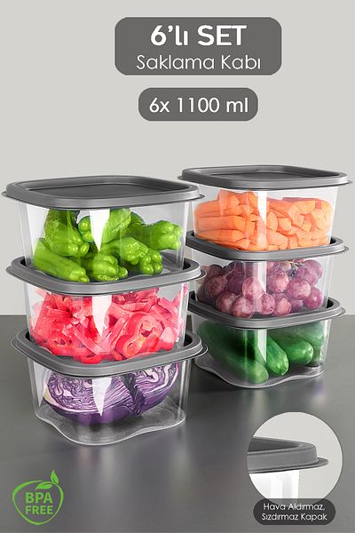 Meleni Home 6 Pieces Anthracite Square Food Storage Container - Microwave Deep Freezer 1100ml