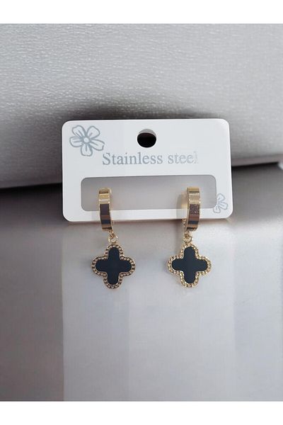 G&M Gift Shop Black Clover Detailed Women's Gold Color Steel Earrings