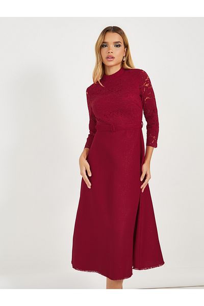 Styli Lace Insert Belted A-Line Midi Dress