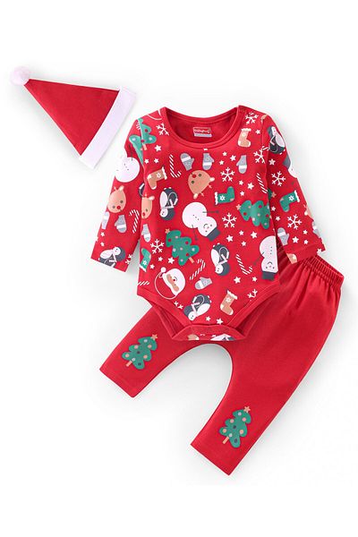 Babyhug 100% Cotton Full Sleeves Onesie & Legging with Cap Christmas Theme - Red