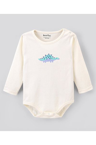 Bonfino Pamuklu Uzun Kollu Dinozor Desenli Tek Parça 3'lü Paket - Mavi Beyaz ve Turuncu