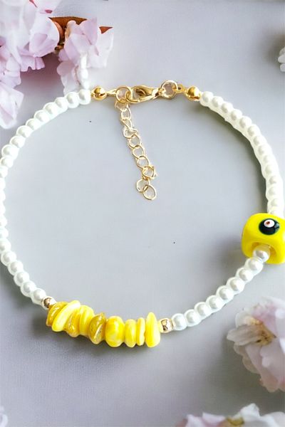 Sose Moda Yellow Evil Eye Beaded Broken Natural Stone Bracelet