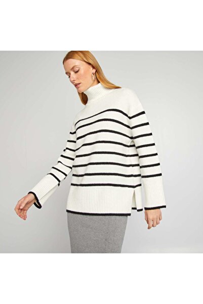 KIABI Striped knit jumper with high neck WHITE