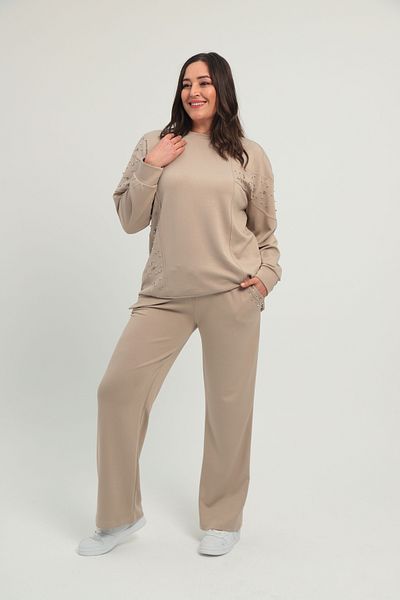 Şans Women's Plus Size Beige Stone Detailed Crew Neck Tracksuit Suit 65N38662