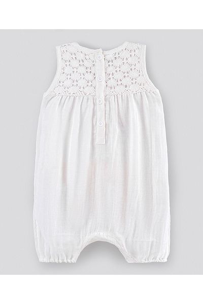 Bonfino Bonfino girls Sleeveless Romper with Lach and Crocheted flowers detailing - White