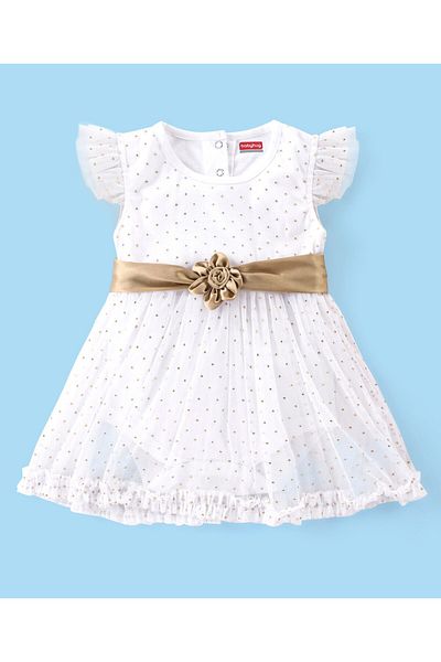 Babyhug Babyhug Cotton Half Sleeves Party Wear Onesie Glitter Print - White