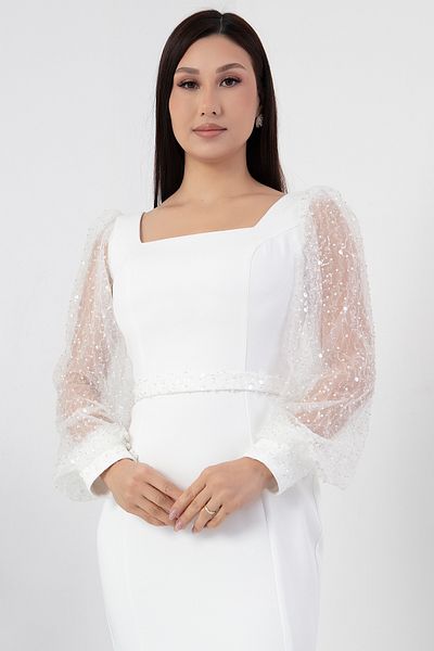 PULLIMM Square Neckline Sleeves and Waist Beading Detail Evening Dress Ecr5434