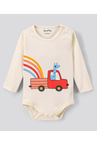 Bonfino Cotton Full Sleeves Onesies Trucks Print Pack of 3 - Green Navy & Off-White