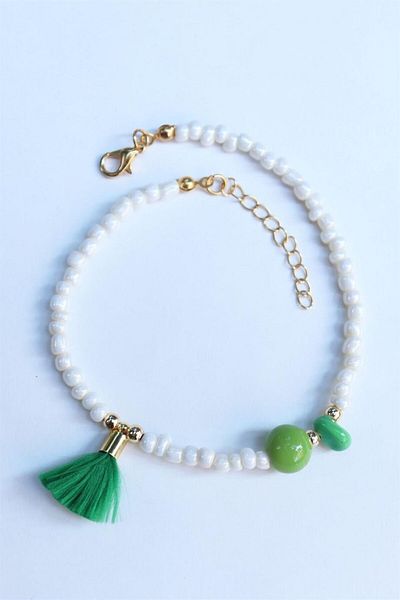 Sose Moda Green Tassel Detailed Bead Bracelet