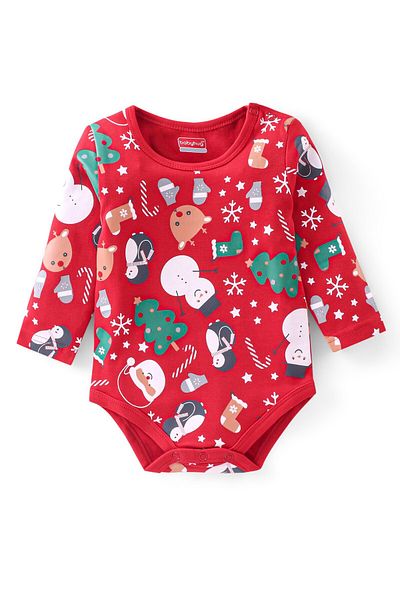 Babyhug 100% Cotton Full Sleeves Onesie & Legging with Cap Christmas Theme - Red