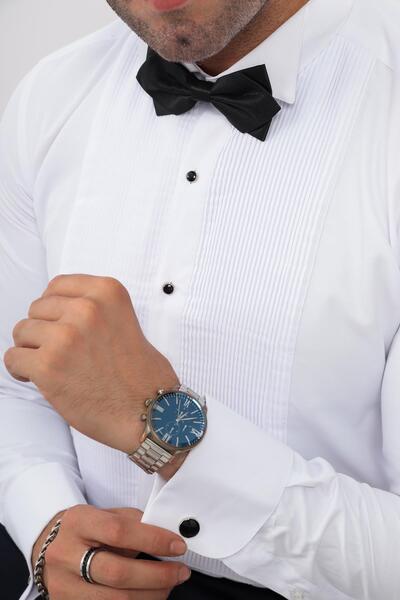 Fitmens Men's Slim Fit Tuxedo Shirt - Long Sleeve, Soft Satin, Groom Dress, White Fs- 001947