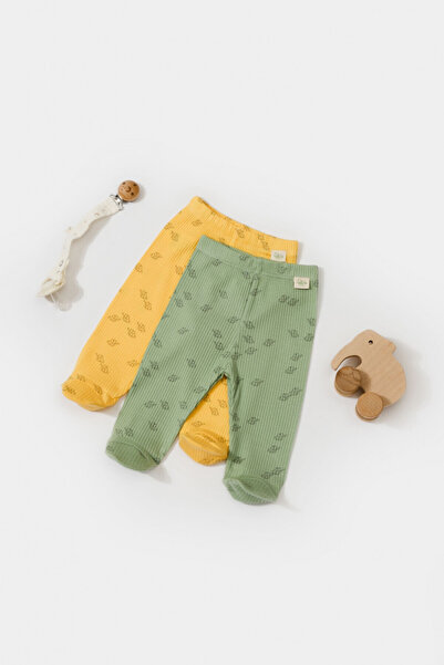 BabyCosy Set 2 pantalonasi cu botosei Printed, BabyCosy, 50% modal+50% bumbac, Lamaie/Verde, 6-9 luni