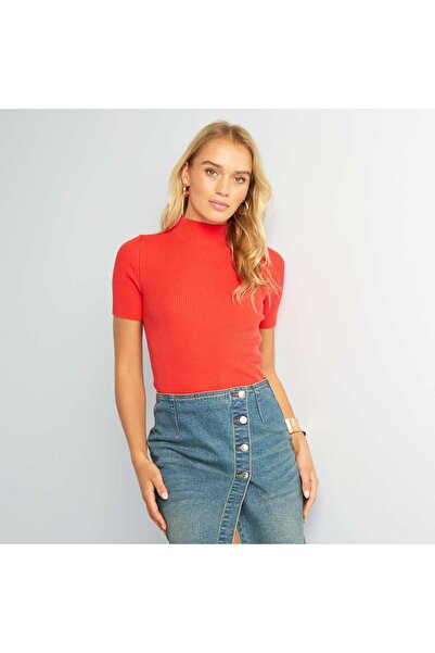 KIABI Short-sleeved ribbed sweater red