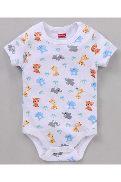 Babyhug %100 Pamuklu Kısa Kollu Tek Parça Tulumlar çizgili و Hayvan Desenli 3'lü Paket - çok Renkli