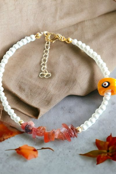 Sose Moda Orange Evil Eye Beaded Broken Natural Stone Bracelet