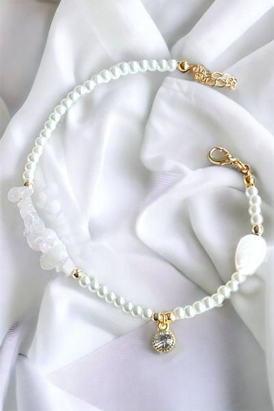 Sose Moda White Natural Broken Stone Bracelet with Glass Tip Detail