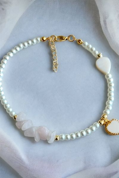 Sose Moda White Heart Detailed Broken Natural Stone Bracelet