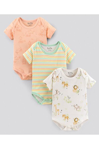 Bonfino Half Sleeves Onesies Stripe & Animal Print Pack of 3 - OffWhite Yellow