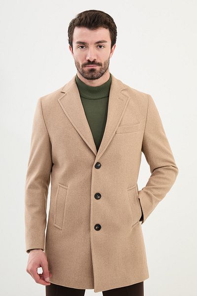 Mcr Straight Slim Fit Mono Collar Classic Men's Cashmere Coat Beige - 21312.24K