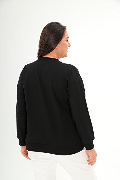 Şans Γυναικεία Μπλούζα Plus Size Μαύρη Λεοπάρ και Παγιέτα Λεπτομερής Μπλούζα 65N38419