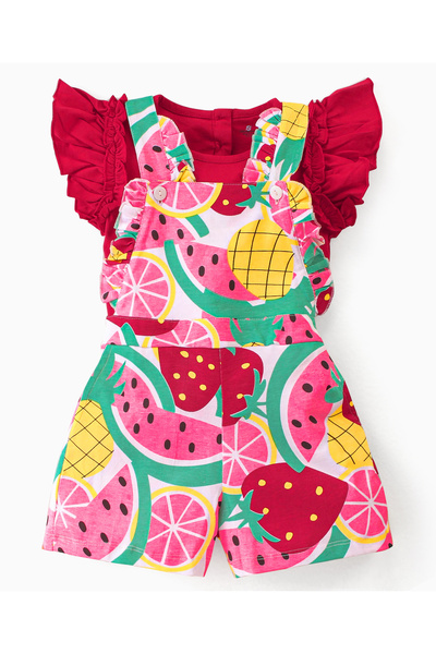Ollington St. 100% Cotton Dungaree & Frill Sleeves Top with Text & Fruit Print - Pink & Red