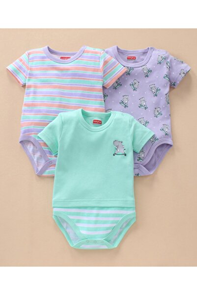 Babyhug 100% Cotton Half Sleeves Onesies Striped And Hippo Print Pack Of 3 - ...
