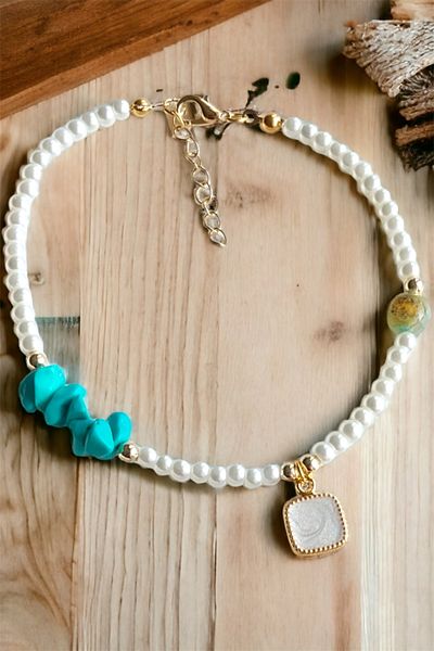 Sose Moda Turquoise Broken Stone Bracelet with White Stone Detail