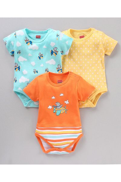 Babyhug %100 Pamuk Yarım Kollu Tek Parçalı Uçak Desenli 3'lü Paket - çok Renkli