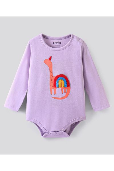 Bonfino 100% Cotton Knit Full Sleeves Onesies Dino Print Pack of 2 - Lilac & White