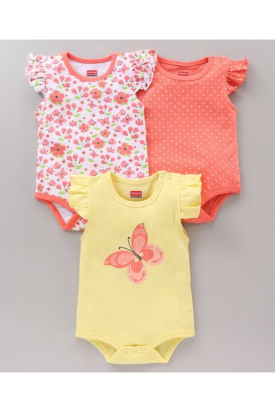 Babyhug %100 Pamuklu Fırfırlı Kollu Tek Parça Kelebek Desenli 3'lü Paket - çok Renkli