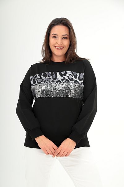 Şans Women's Plus Size Black Leopard and Sequin Detailed Blouse 65N38420
