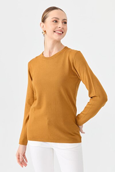 Desen Triko Women's Mustard Blouse - Lycra, Long Sleeve, Crew Neck
