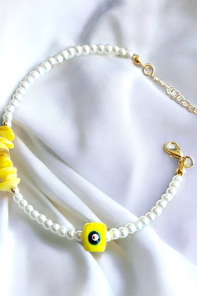 Sose Moda Yellow Evil Eye Beaded Broken Natural Stone Bracelet