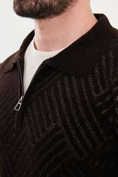 Mcr Patterned Slim Fit Zippered Polo Collar Men's Knitwear Sweater Brown - 11521.24K