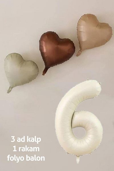 TATLI GÜNLER Retro Pastel Party Balloon Set for 6 Years Old Birthday - 3 Hearts and 6 Figures Cream Foil Balloon