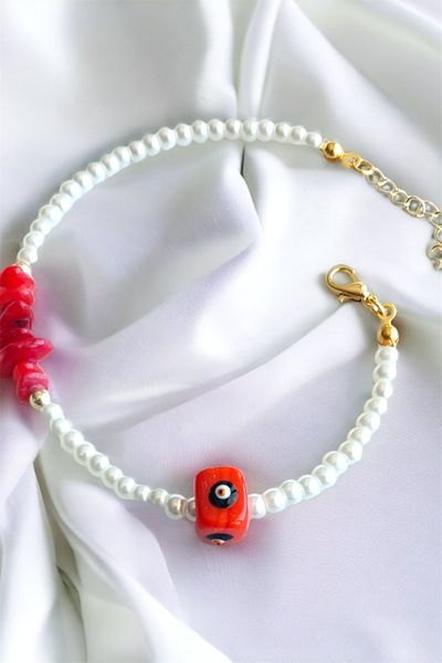 Sose Moda Red Evil Eye Beaded Broken Natural Stone Bracelet