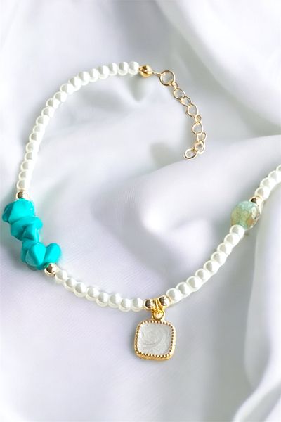 Sose Moda Turquoise Broken Stone Bracelet with White Stone Detail