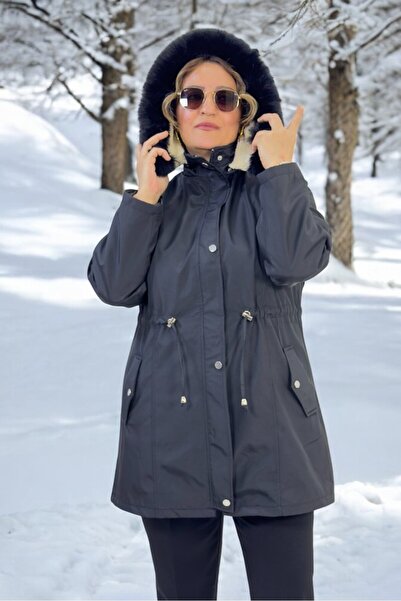 yagmurberen Excludable Hooded Pocket Inside Complete Plush Large Size Bonded Fabric Winter Coat