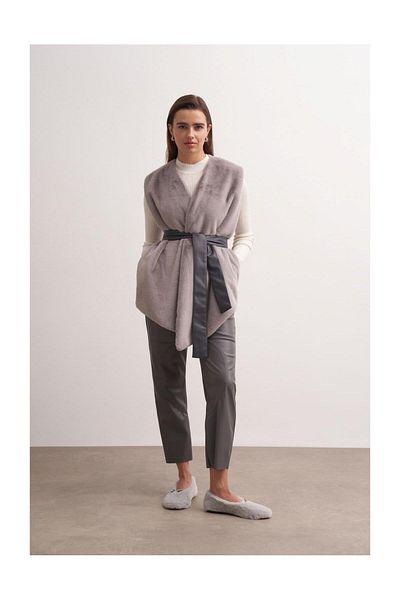 FUSHYA Asymmetrical Cut Plush Vest with Leather Belt