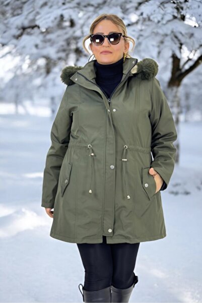 yagmurberen Excludable Hooded Pocket Inside Complete Plush Large Size Bonded Fabric Winter Coat