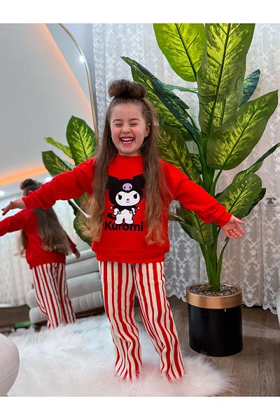GÖKJOY BUTİK Girl's Premium Heritage Kuromi Printed Striped Suit